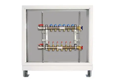 Verteilerstation mit Kugelhähnen in einem weißen Schrank. Für Heizungsanwendungen, hergestellt von Roth. Sichtbare Rohre und Anschlüsse für Wasserversorgung.